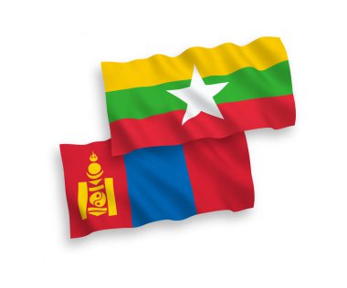 Moğolistan ve Myanmar 'ın ulusal taşıyıcı kumaş bayrakları beyaz arka planda izole edildi. 1 'e 2 oranında.