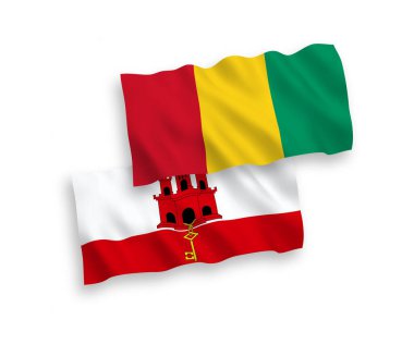 Beyaz arka planda Gine ve Cebelitarık 'ın ulusal taşıyıcı kumaş bayrakları izole edildi. 1 'e 2 oranında.