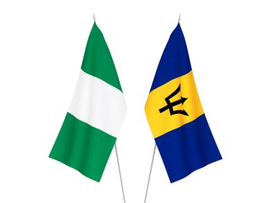 Beyaz arka planda Nijerya ve Barbados 'un ulusal kumaş bayrakları izole edildi. 3d resimleme.