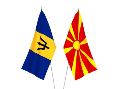 Beyaz arka planda Kuzey Makedonya ve Barbados 'un ulusal kumaş bayrakları izole edildi. 3d resimleme.