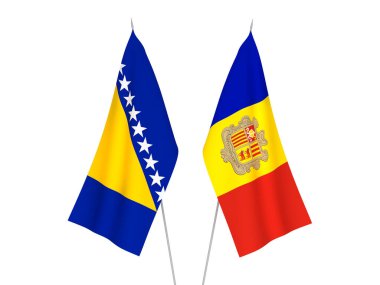 Beyaz arka planda Andorra ve Bosna-Hersek 'in ulusal kumaş bayrakları izole edildi. 3d resimleme.