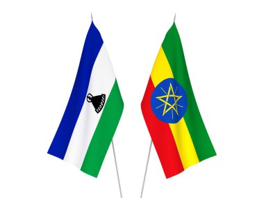 Beyaz arka planda Etiyopya ve Lesotho 'nun ulusal kumaş bayrakları izole edildi. 3d resimleme.