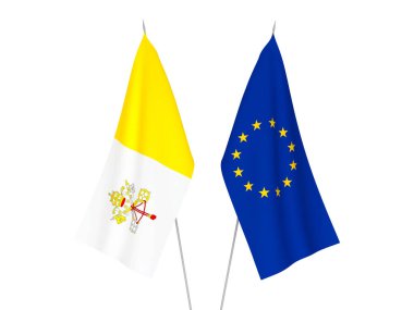 Beyaz arka planda Avrupa Birliği ve Vatikan 'ın ulusal kumaş bayrakları izole edildi. 3d resimleme.