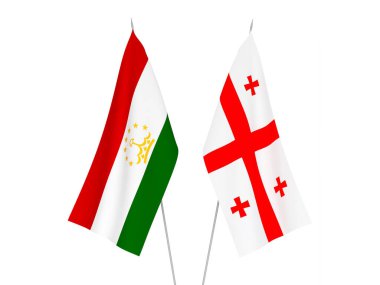 Beyaz arka planda Gürcistan ve Tacikistan 'ın ulusal kumaş bayrakları izole edildi. 3d resimleme.