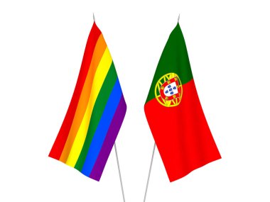 Ulusal Gökkuşağı gay gururu bayrakları ve beyaz arka planda izole edilmiş Portekiz. 3d resimleme.