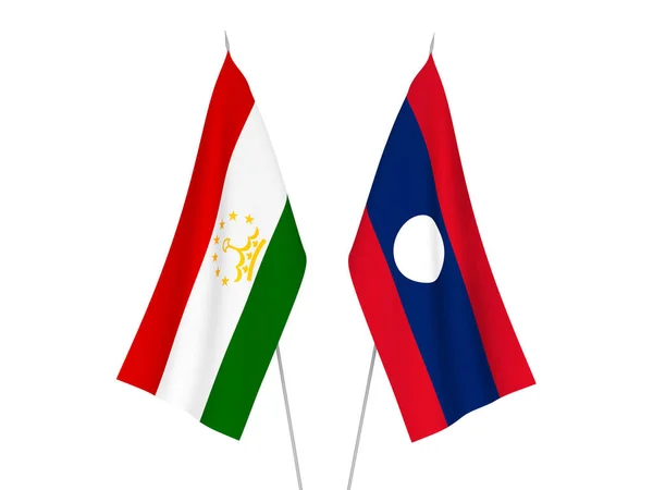 Bandeiras Tecido Nacional Laos Tajiquistão Isoladas Fundo Branco Ilustração Renderização — Fotografia de Stock