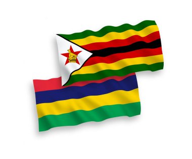 Beyaz arka planda Zimbabwe ve Mauritius Cumhuriyeti 'nin ulusal taşıyıcı kumaş bayrakları izole edildi. 1 'e 2 oranında.