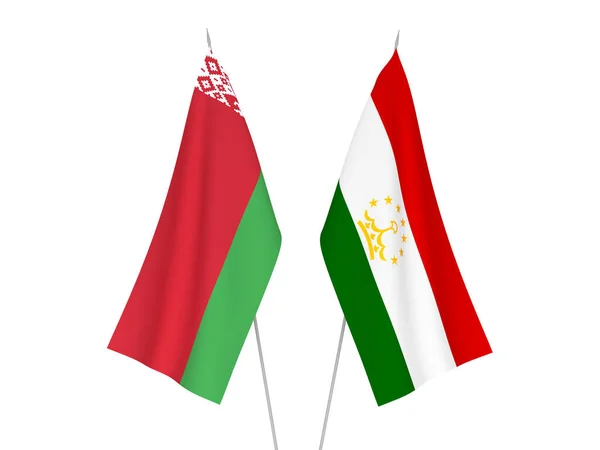 Bandeiras Tecido Nacional Bielorrússia Tajiquistão Isoladas Fundo Branco Ilustração Renderização — Fotografia de Stock