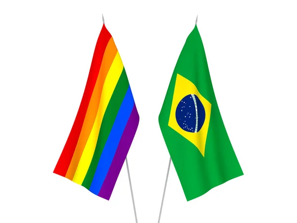 Nationell Tyg Flaggor Brasilien Och Rainbow Gay Stolthet Isolerad Vit — Stockfoto