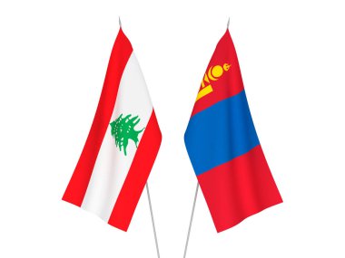 Beyaz arka planda Moğolistan ve Lübnan 'ın ulusal kumaş bayrakları izole edildi. 3d resimleme.
