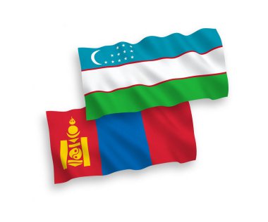Beyaz arka planda Moğolistan ve Özbekistan 'ın ulusal taşıyıcı kumaş bayrakları izole edildi. 1 'e 2 oranında.