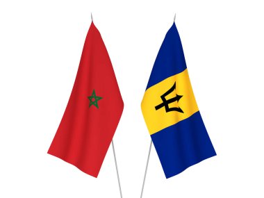 Beyaz arka planda Fas ve Barbados 'un ulusal kumaş bayrakları izole edildi. 3d resimleme.