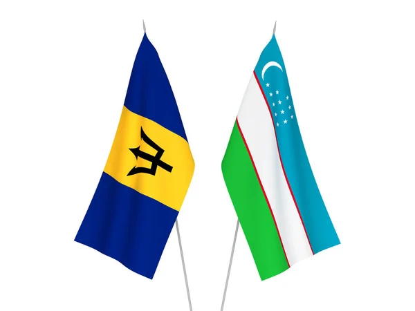 Nationalfahnen Usbekistans Und Barbados Isoliert Auf Weißem Hintergrund Darstellung — Stockfoto
