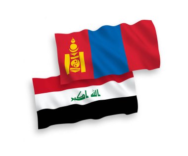 Beyaz arka planda Moğolistan ve Irak 'ın ulusal taşıyıcı kumaş bayrakları izole edildi. 1 'e 2 oranında.