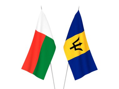 Madagaskar ve Barbados 'un ulusal kumaş bayrakları beyaz arka planda izole edildi. 3d resimleme.