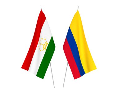 Beyaz arka planda Kolombiya ve Tacikistan 'ın ulusal kumaş bayrakları izole edildi. 3d resimleme.