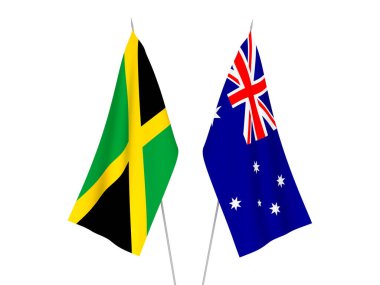 Avustralya ve Jamaika 'nın ulusal kumaş bayrakları beyaz arka planda izole edildi. 3d resimleme.