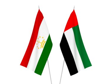 Beyaz arka planda Birleşik Arap Emirlikleri ve Tacikistan 'ın ulusal kumaş bayrakları izole edildi. 3d resimleme.