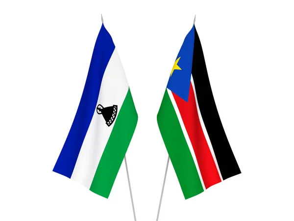 Εθνικές Σημαίες Υφάσματος Της Δημοκρατίας Του Νότιου Σουδάν Και Του — Φωτογραφία Αρχείου