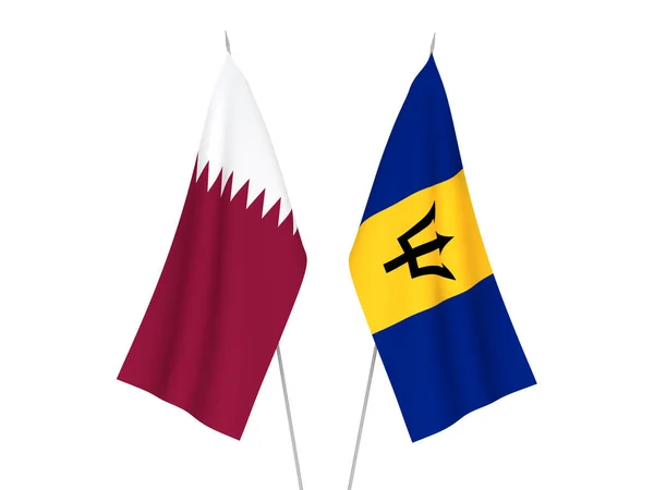 National fabric flags of Qatar and Barbados isolated on white background. 3d rendering illustration.