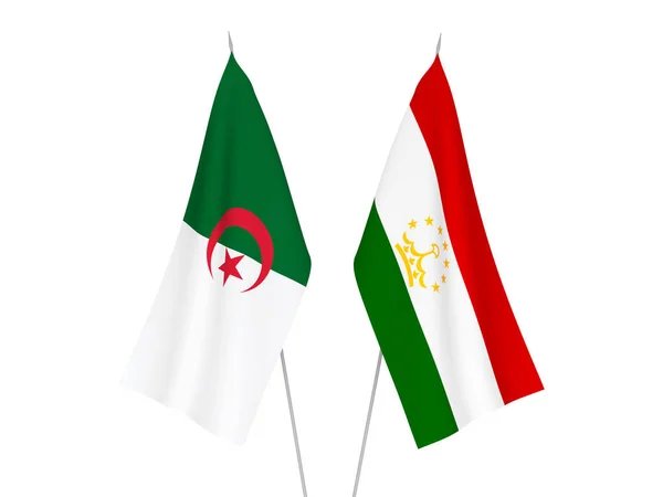 National fabric flags of Algeria and Tajikistan isolated on white background. 3d rendering illustration.