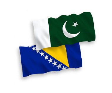 Bosna-Hersek ve Pakistan 'ın ulusal taşıyıcı kumaş bayrakları beyaz zemin üzerinde izole edildi. 1 'e 2 oranında.