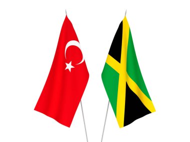 Jamaika ve Türkiye 'nin ulusal kumaş bayrakları beyaz arka planda izole edildi. 3d resimleme.