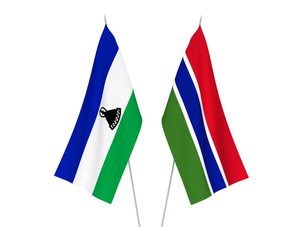 Gambiya Cumhuriyeti Lesotho Nun Ulusal Kumaş Bayrakları Beyaz Arka Planda — Stok fotoğraf
