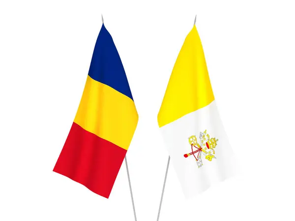 Narodowe Flagi Tkanin Rumunii Watykanu Izolowane Białym Tle Ilustracja Renderowania — Zdjęcie stockowe