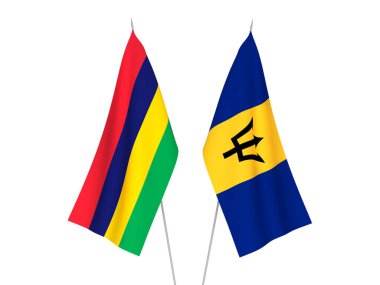 Mauritius Cumhuriyeti ve Barbados 'un ulusal kumaş bayrakları beyaz arka planda izole edildi. 3d resimleme.