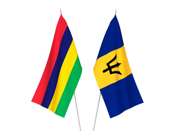 Banderas Nacionales Tela República Mauricio Barbados Aisladas Sobre Fondo Blanco — Foto de Stock