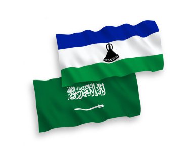 Beyaz arka planda Suudi Arabistan ve Lesotho 'nun ulusal taşıyıcı kumaş bayrakları izole edildi. 1 'e 2 oranında.