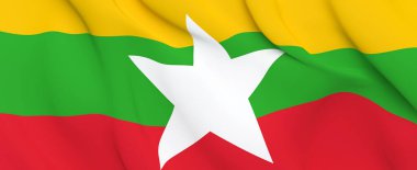 Ulusal Kumaş Dalgası, Rüzgarda Dalgalanan Myanmar Cumhuriyeti Bayrağı. 3d resimleme.