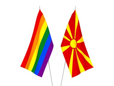 Kuzey Makedonya 'nın ulusal kumaş bayrakları ve Gökkuşağı eşcinsel gururu beyaz arka planda izole edildi. 3d resimleme.