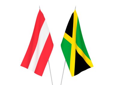 Jamaika ve Avusturya 'nın ulusal kumaş bayrakları beyaz arka planda izole edildi. 3d resimleme.