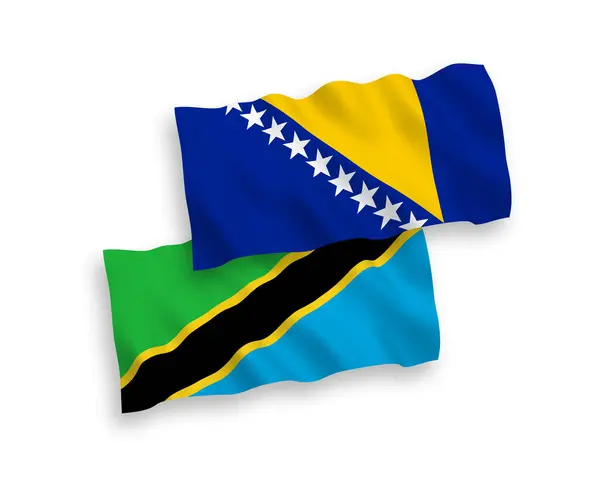 波斯尼亚和黑塞哥维那以及坦桑尼亚的国家矢量织物波条旗在白色背景下隔离 1比2的比例 — 图库矢量图片