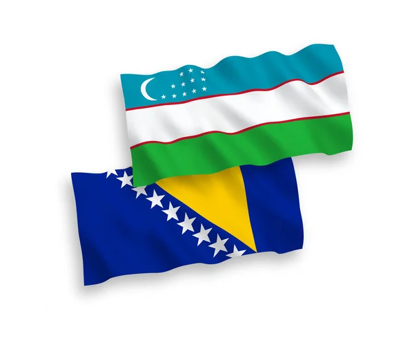 波斯尼亚和黑塞哥维那以及乌兹别克斯坦的国家矢量织物波条旗在白色背景下相互隔离 1比2的比例 — 图库矢量图片