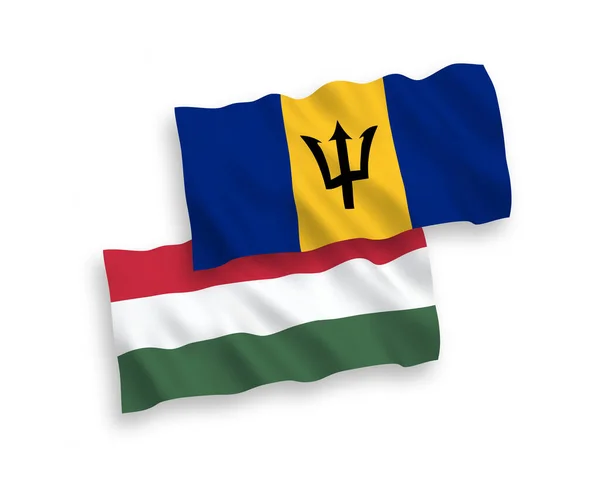 巴巴多斯和匈牙利的国家病媒织物波条旗在白色背景下分离 1比2的比例 — 图库矢量图片