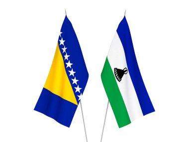 Bosna-Hersek ve Lesotho 'nun ulusal kumaş bayrakları beyaz arka planda izole edildi. 3d resimleme.