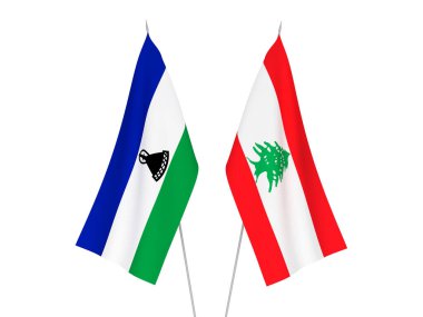 Beyaz arka planda Lübnan ve Lesotho 'nun ulusal kumaş bayrakları izole edildi. 3d resimleme.