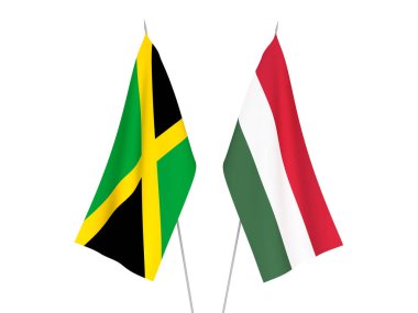 Jamaika ve Macaristan 'ın ulusal kumaş bayrakları beyaz arka planda izole edildi. 3d resimleme.