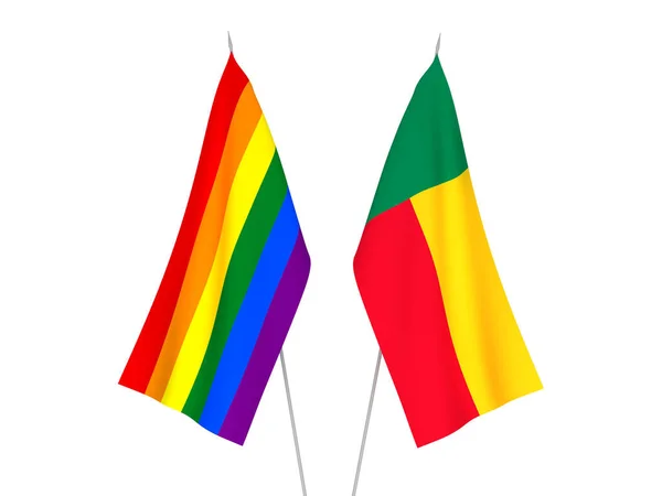 Εθνικές Σημαίες Υφάσματος Του Μπενίν Και Rainbow Γκέι Υπερηφάνεια Απομονώνονται — Φωτογραφία Αρχείου