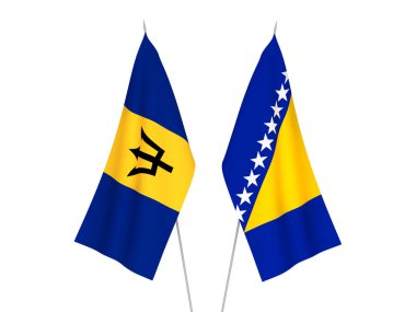 Bosna-Hersek ve Barbados 'un ulusal kumaş bayrakları beyaz arka planda izole edildi. 3d resimleme.