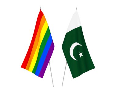 Pakistan ve Gökkuşağı 'nın ulusal kumaş bayrakları beyaz arka planda izole edilmiş eşcinsel gururu. 3d resimleme.