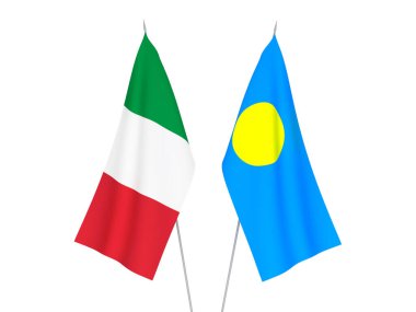 Beyaz arka planda İtalya ve Palau 'nun ulusal kumaş bayrakları izole edildi. 3d resimleme.