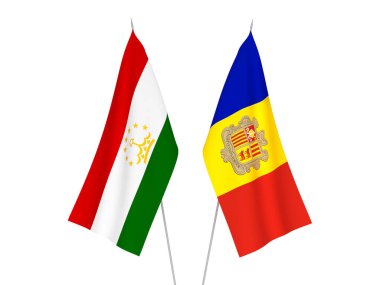 Beyaz arka planda Andorra ve Tacikistan 'ın ulusal kumaş bayrakları izole edildi. 3d resimleme.