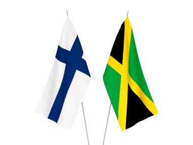 Jamaika ve Finlandiya 'nın ulusal kumaş bayrakları beyaz arka planda izole edildi. 3d resimleme.