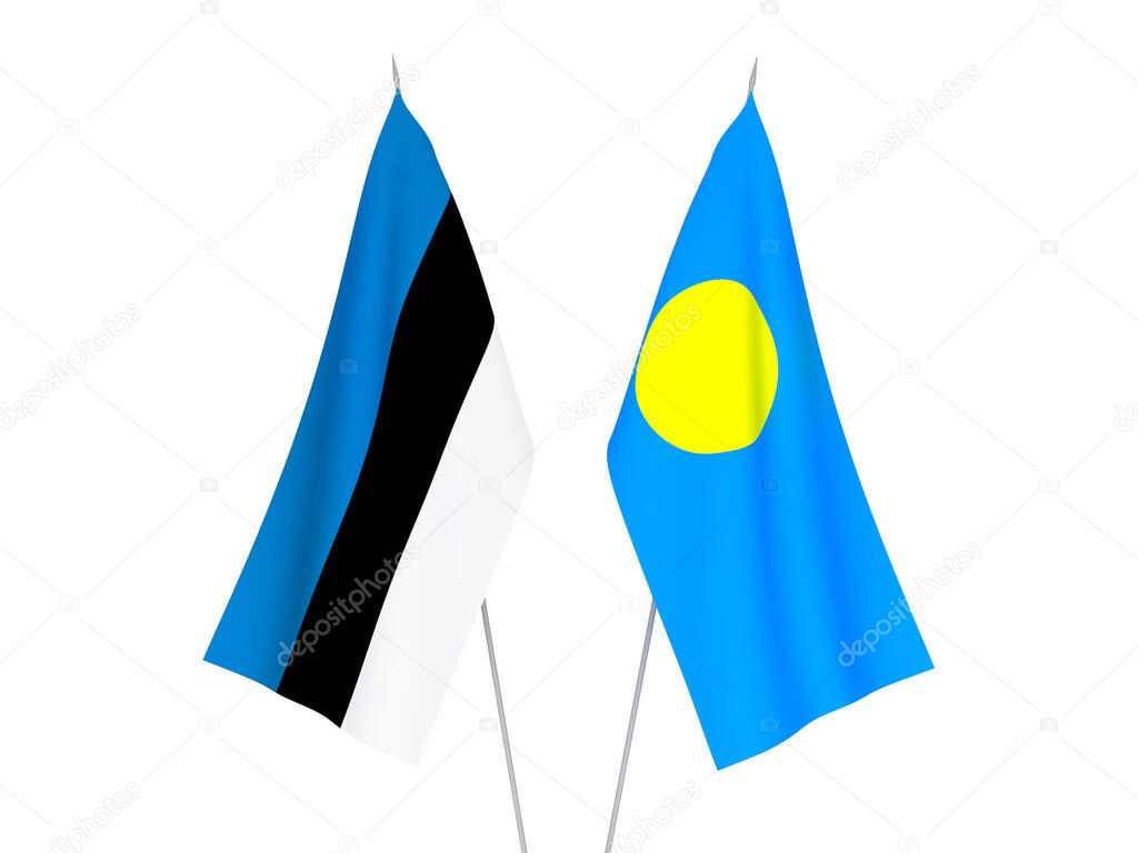 National fabric flags of Palau and Estonia isolated on white background. 3d rendering illustration.
