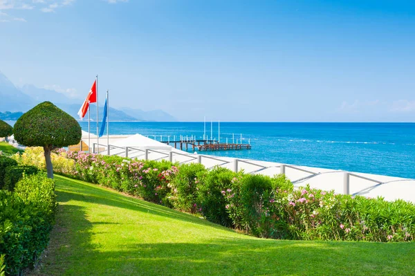 Hermosa Playa Con Árboles Verdes Kemer Turquía Paisaje Verano Viajes — Foto de Stock