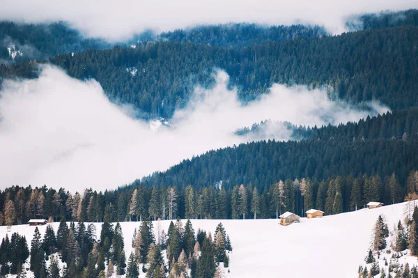 Mglisty Poranek Górach Zimą Alpy Dolomity Włochy — Zdjęcie stockowe